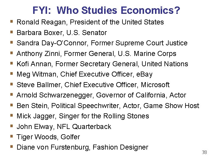 FYI: Who Studies Economics? § § § § Ronald Reagan, President of the United