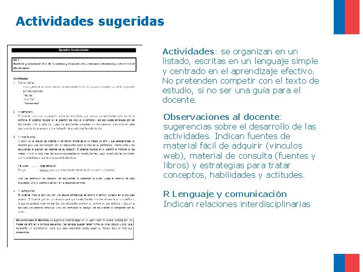 Actividades sugeridas Actividades: se organizan en un listado, escritas en un lenguaje simple y
