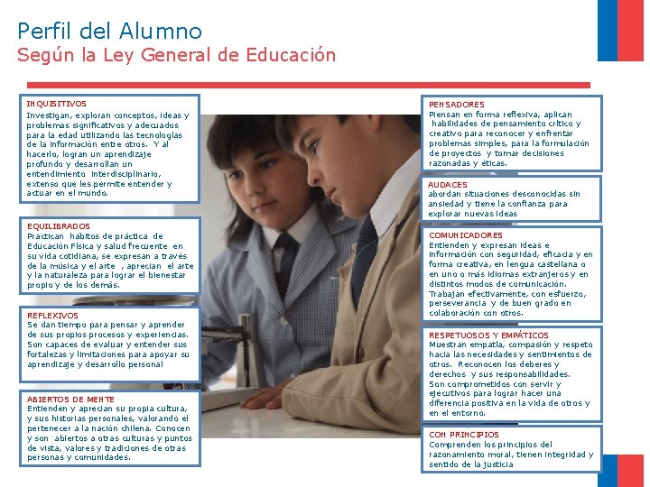 Perfil del Alumno Según la Ley General de Educación INQUISITIVOS Investigan, exploran conceptos, ideas