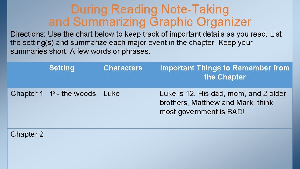 During Reading Note-Taking and Summarizing Graphic Organizer Directions: Use the chart below to keep During Reading Note-Taking and Summarizing Graphic Organizer Directions: Use the chart below to keep