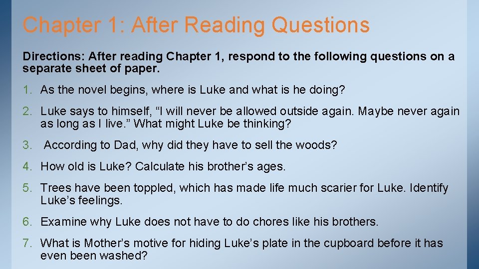 Chapter 1: After Reading Questions Directions: After reading Chapter 1, respond to the following Chapter 1: After Reading Questions Directions: After reading Chapter 1, respond to the following