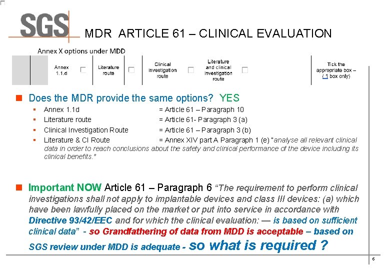 MDR ARTICLE 61 – CLINICAL EVALUATION n Does the MDR provide the same options? MDR ARTICLE 61 – CLINICAL EVALUATION n Does the MDR provide the same options?