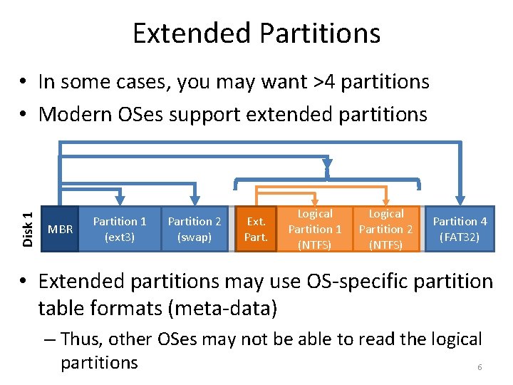 Extended Partitions Disk 1 • In some cases, you may want >4 partitions •