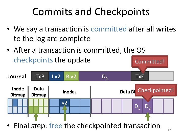 Commits and Checkpoints • We say a transaction is committed after all writes to