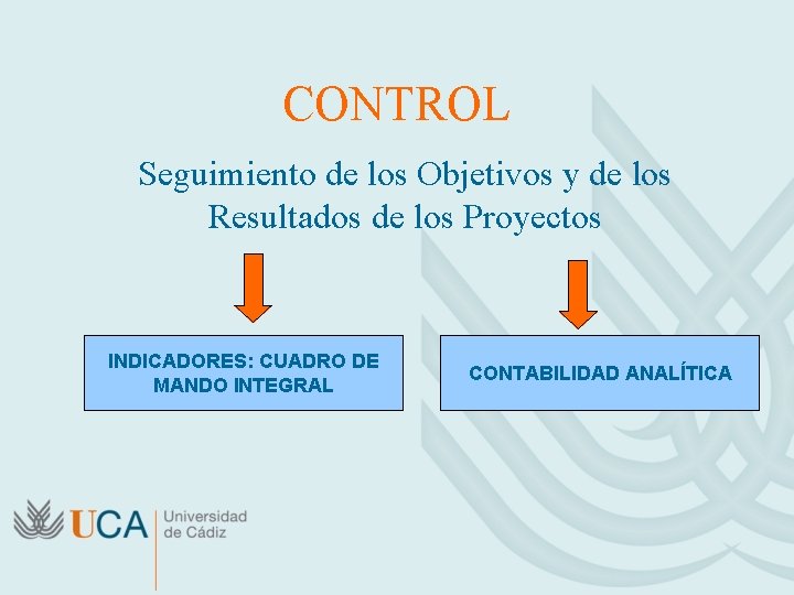 CONTROL Seguimiento de los Objetivos y de los Resultados de los Proyectos INDICADORES: CUADRO