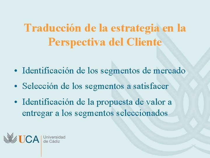 Traducción de la estrategia en la Perspectiva del Cliente • Identificación de los segmentos