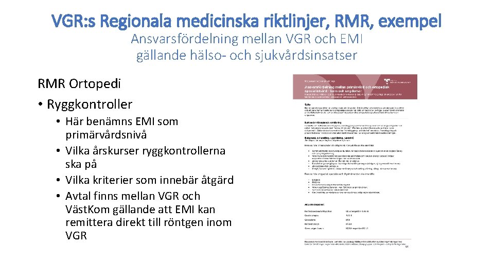 VGR: s Regionala medicinska riktlinjer, RMR, exempel Ansvarsfördelning mellan VGR och EMI gällande hälso-