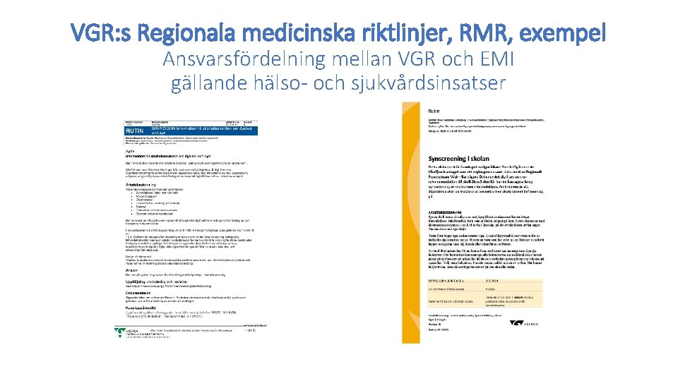 VGR: s Regionala medicinska riktlinjer, RMR, exempel Ansvarsfördelning mellan VGR och EMI gällande hälso-