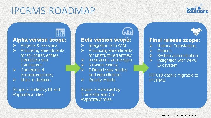 IPCRMS ROADMAP Alpha version scope: Beta version scope: Ø Ø Ø Projects & Sessions;
