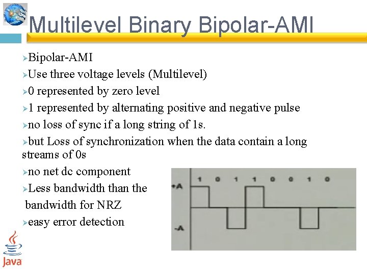 Multilevel Binary Bipolar-AMI ØUse three voltage levels (Multilevel) Ø 0 represented by zero level