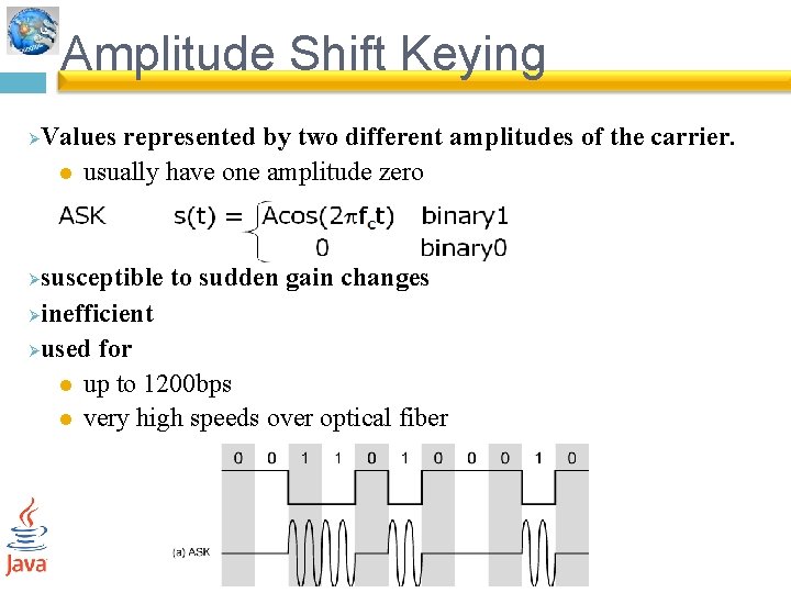 Amplitude Shift Keying Ø Values represented by two different amplitudes of the carrier. l