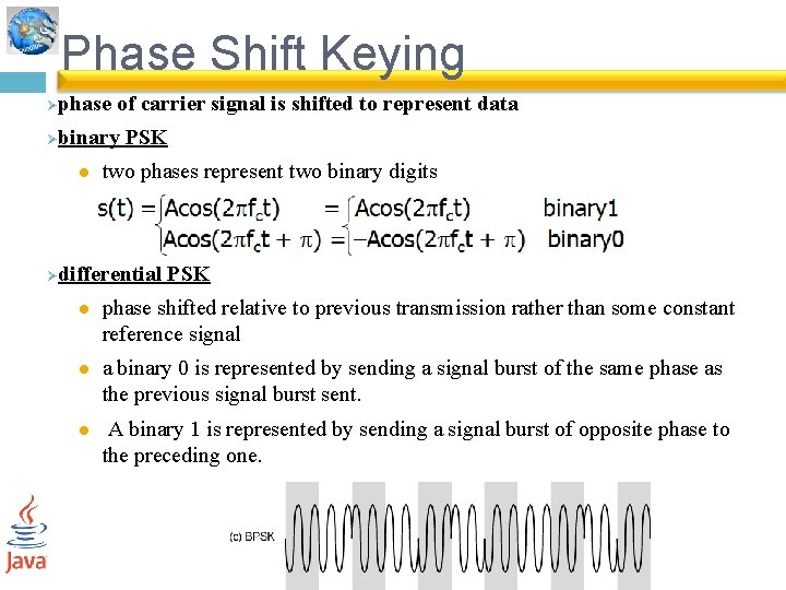 Phase Shift Keying phase of carrier signal is shifted to represent data Ø binary