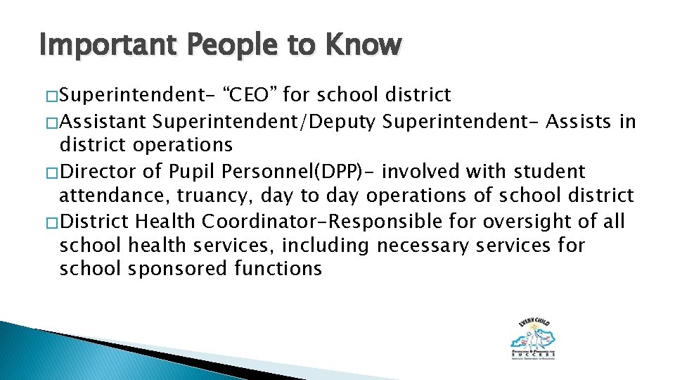 Important People to Know � Superintendent- “CEO” for school district � Assistant Superintendent/Deputy Superintendent-