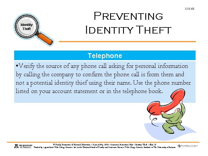 Identity Theft Preventing Identity Theft 1. 3. 1. G 1 Telephone • Verify the