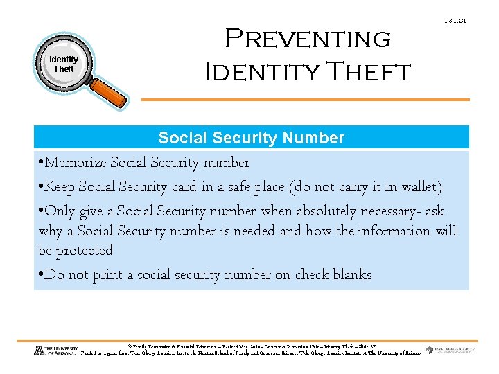 Identity Theft Preventing Identity Theft 1. 3. 1. G 1 Social Security Number •