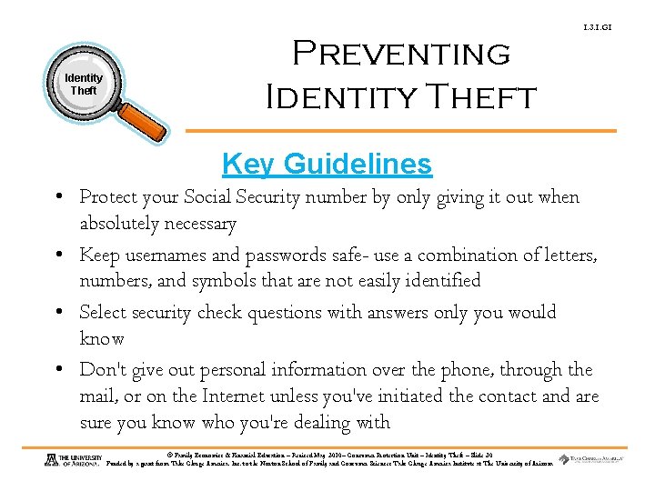 1. 3. 1. G 1 Identity Theft Preventing Identity Theft Key Guidelines • Protect