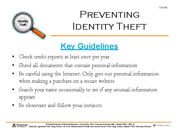 1. 3. 1. G 1 Identity Theft Preventing Identity Theft Key Guidelines • Check