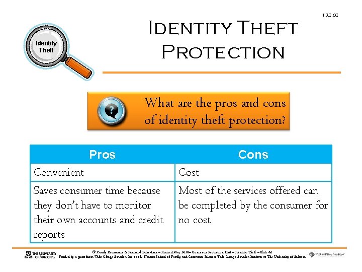 Identity Theft Protection Identity Theft 1. 3. 1. G 1 What are the pros