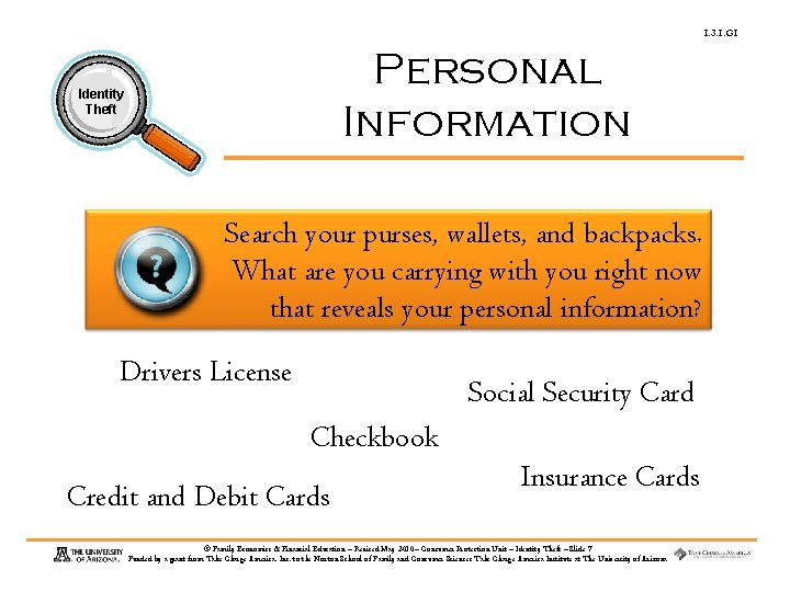 1. 3. 1. G 1 Personal Information Identity Theft Search your purses, wallets, and