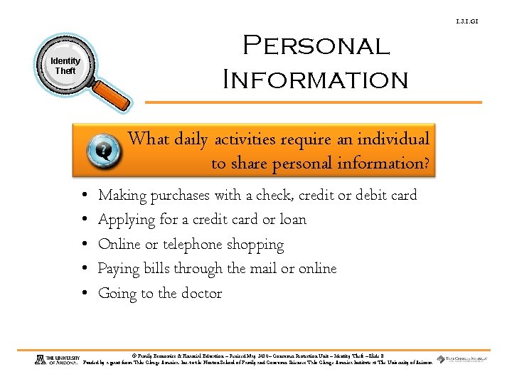 1. 3. 1. G 1 Personal Information Identity Theft What daily activities require an