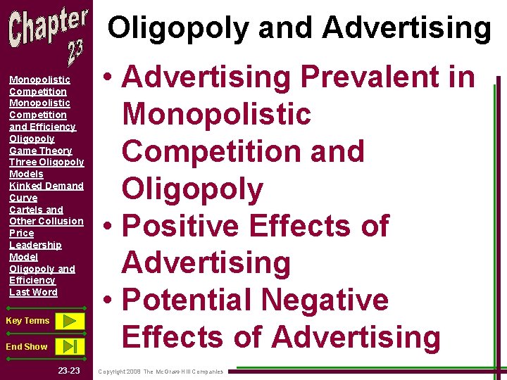 Oligopoly and Advertising Monopolistic Competition and Efficiency Oligopoly Game Theory Three Oligopoly Models Kinked