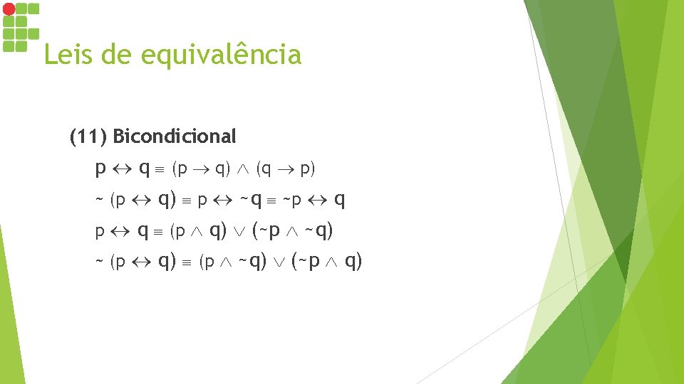 Leis de equivalência (11) Bicondicional p q (p q) (q p) ~ (p q)