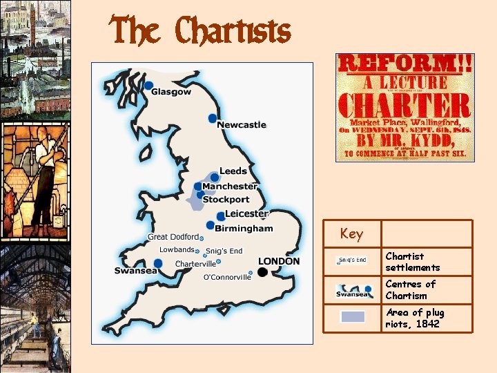 The Chartists Key Chartist settlements Centres of Chartism Area of plug riots, 1842 The Chartists Key Chartist settlements Centres of Chartism Area of plug riots, 1842