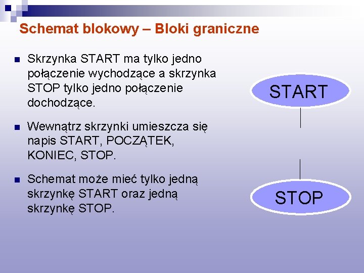 Schemat blokowy – Bloki graniczne n Skrzynka START ma tylko jedno połączenie wychodzące a