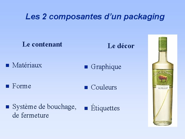 Les 2 composantes d’un packaging Le contenant Le décor n Matériaux n Graphique n Les 2 composantes d’un packaging Le contenant Le décor n Matériaux n Graphique n