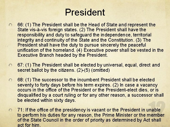 President 66: (1) The President shall be the Head of State and represent the