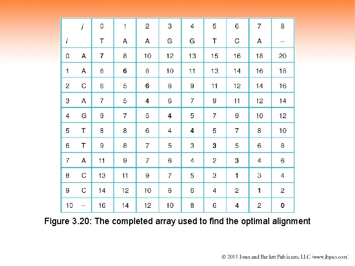 Figure 3. 20: The completed array used to find the optimal alignment 