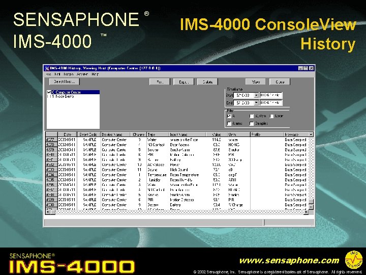 SENSAPHONE IMS-4000 ™ ® IMS-4000 Console. View History www. sensaphone. com © 2002 Sensaphone,