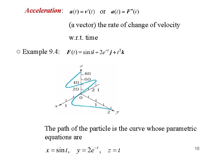 Acceleration: or (a vector) the rate of change of velocity w. r. t. time