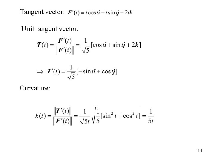Tangent vector: Unit tangent vector: Curvature: 14 