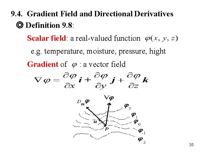 9. 4. Gradient Field and Directional Derivatives ◎ Definition 9. 8: Scalar field: a