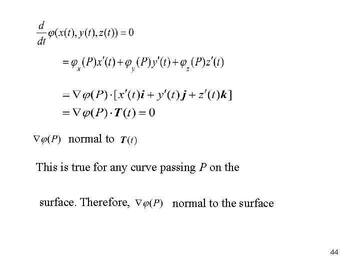 normal to This is true for any curve passing P on the surface. Therefore,