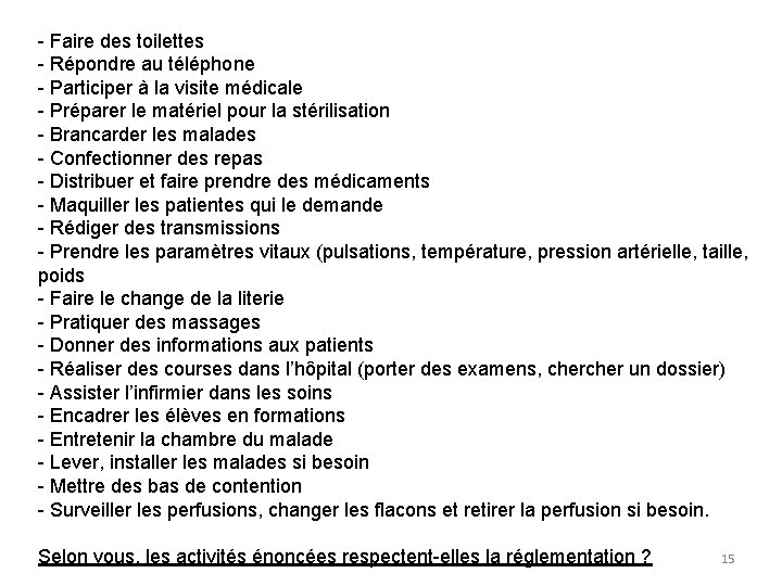 - Faire des toilettes - Répondre au téléphone - Participer à la visite médicale - Faire des toilettes - Répondre au téléphone - Participer à la visite médicale