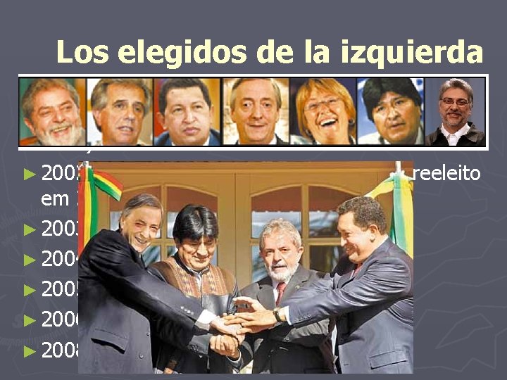 Los elegidos de la izquierda ► 1998 (Venezuela): Hugo Chavez (reeleito em 2006) ►
