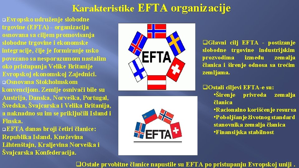 Karakteristike EFTA organizacije q. Evropsko udruženje slobodne trgovine (EFTA) - organizacija osnovana sa ciljem