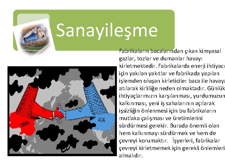 Sanayileşme Fabrikaların bacalarından çıkan kimyasal gazlar, tozlar ve dumanlar havayı kirletmektedir. Fabrikalarda enerji ihtiyacı