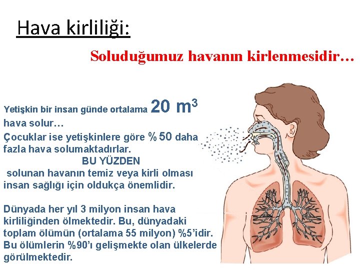 Hava kirliliği: Soluduğumuz havanın kirlenmesidir… Yetişkin bir insan günde ortalama 20 m 3 hava