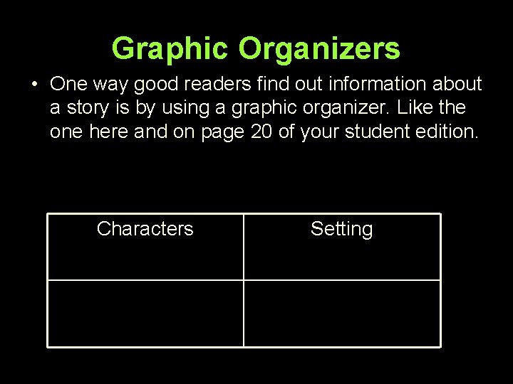 Graphic Organizers • One way good readers find out information about a story is