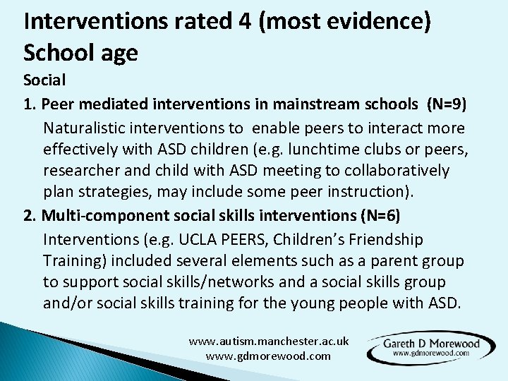 Interventions rated 4 (most evidence) School age Social 1. Peer mediated interventions in mainstream