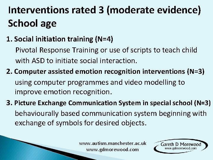 Interventions rated 3 (moderate evidence) School age 1. Social initiation training (N=4) Pivotal Response