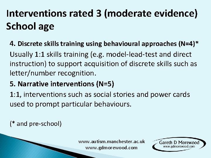 Interventions rated 3 (moderate evidence) School age 4. Discrete skills training using behavioural approaches