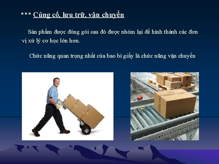 *** Củng cố, lưu trữ, vận chuyển Sản phẩm được đóng gói sau đó