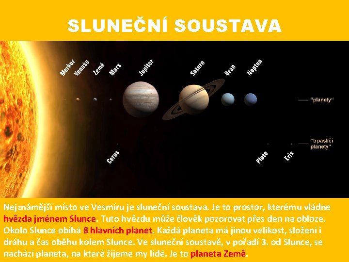 SLUNEČNÍ SOUSTAVA Nejznámější místo ve Vesmíru je sluneční soustava. Je to prostor, kterému vládne