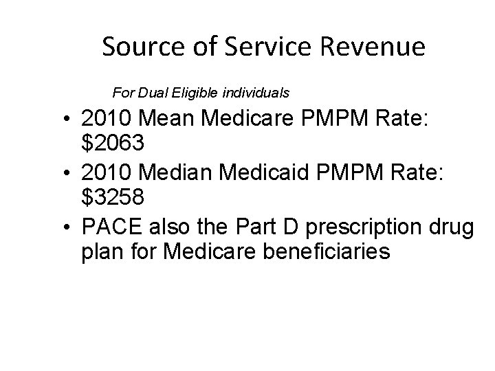 Source of Service Revenue For Dual Eligible individuals • 2010 Mean Medicare PMPM Rate: