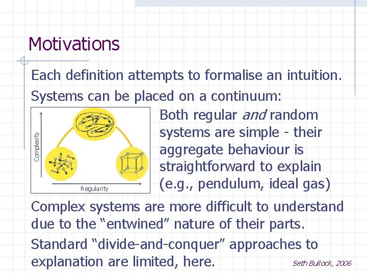 Motivations Complexity Each definition attempts to formalise an intuition. Systems can be placed on