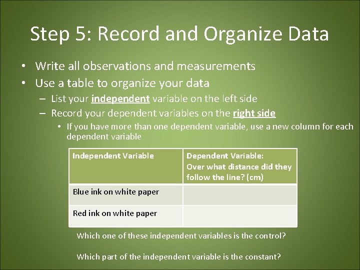 Step 5: Record and Organize Data • Write all observations and measurements • Use